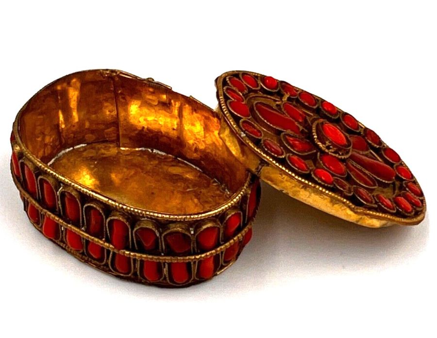 Antique Charming Antique Brass Oval Box Set with Czech Coral Oval Cabochons  Hand Made