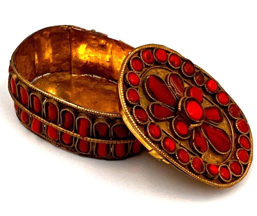 Antique Charming Antique Brass Oval Box Set with Czech Coral Oval Cabochons  Hand Made