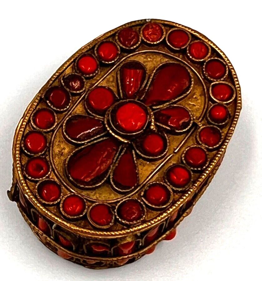 Antique Charming Antique Brass Oval Box Set with Czech Coral Oval Cabochons  Hand Made