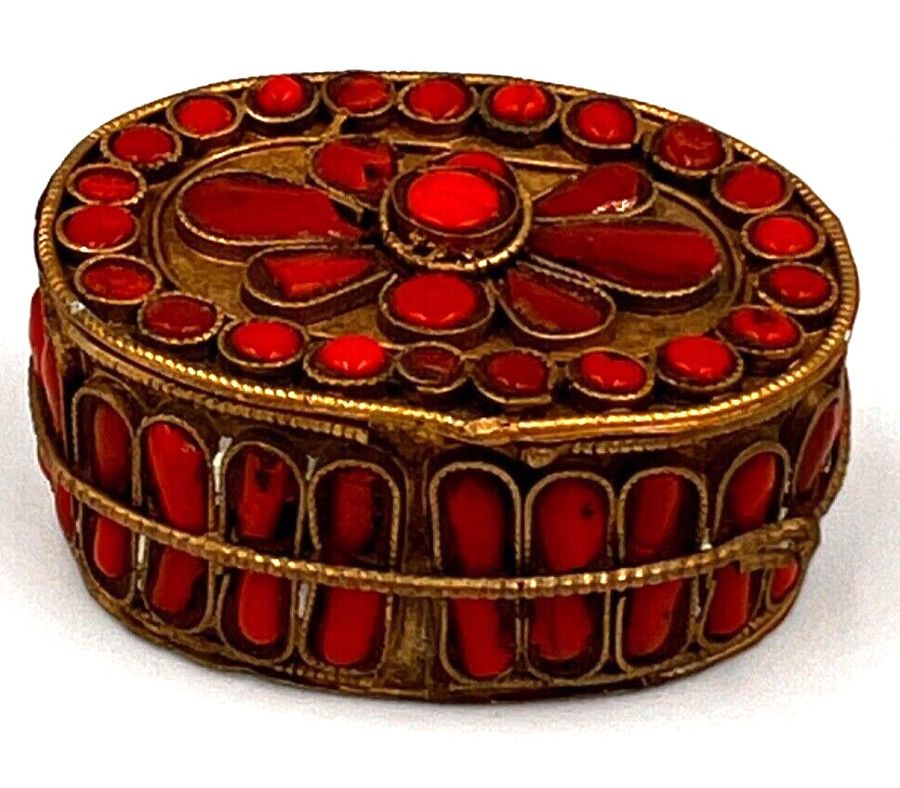 Antique Charming Antique Brass Oval Box Set with Czech Coral Oval Cabochons  Hand Made