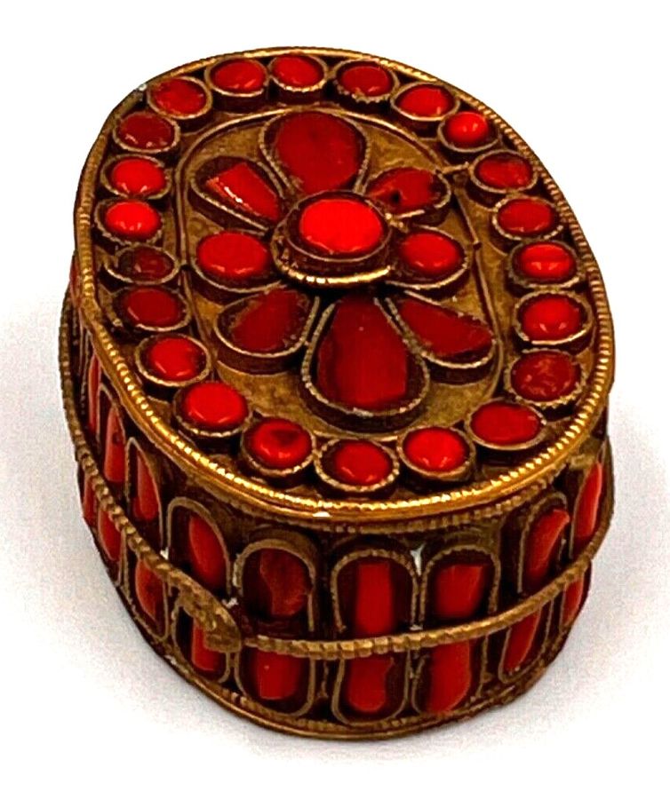 Antique Charming Antique Brass Oval Box Set with Czech Coral Oval Cabochons  Hand Made