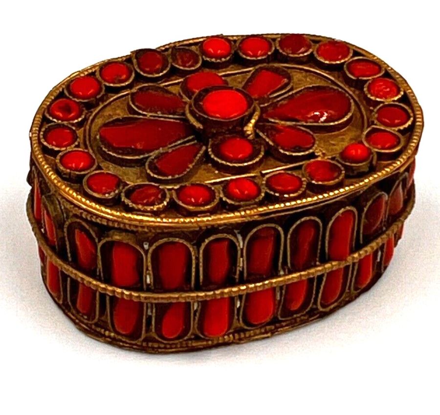 Antique Charming Antique Brass Oval Box Set with Czech Coral Oval Cabochons  Hand Made