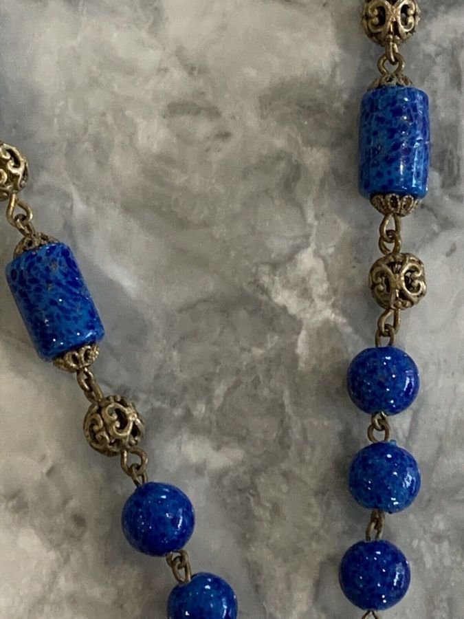 Antique Antique Art Deco Czech Blue Lapiz Lazuli Necklace Choker