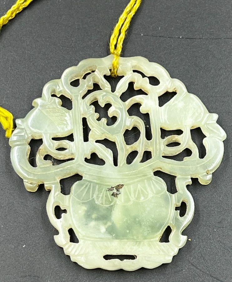 Antique Large Antique Chinese Celadon Jade Hand Carved Art Deco Pendant