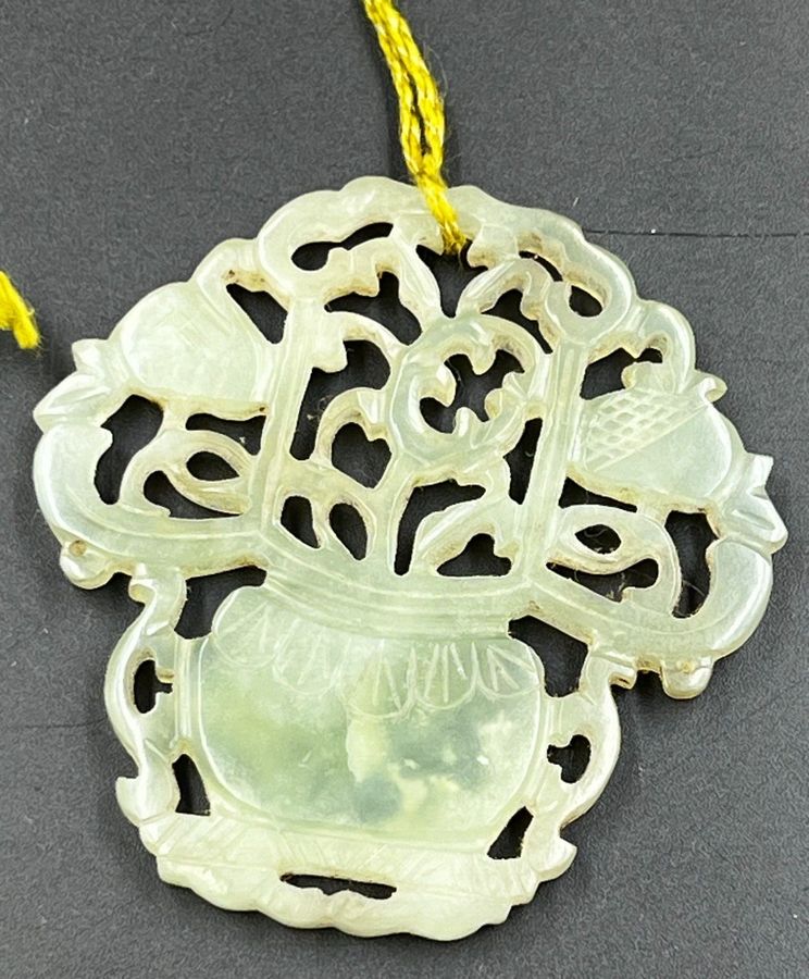 Antique Large Antique Chinese Celadon Jade Hand Carved Art Deco Pendant