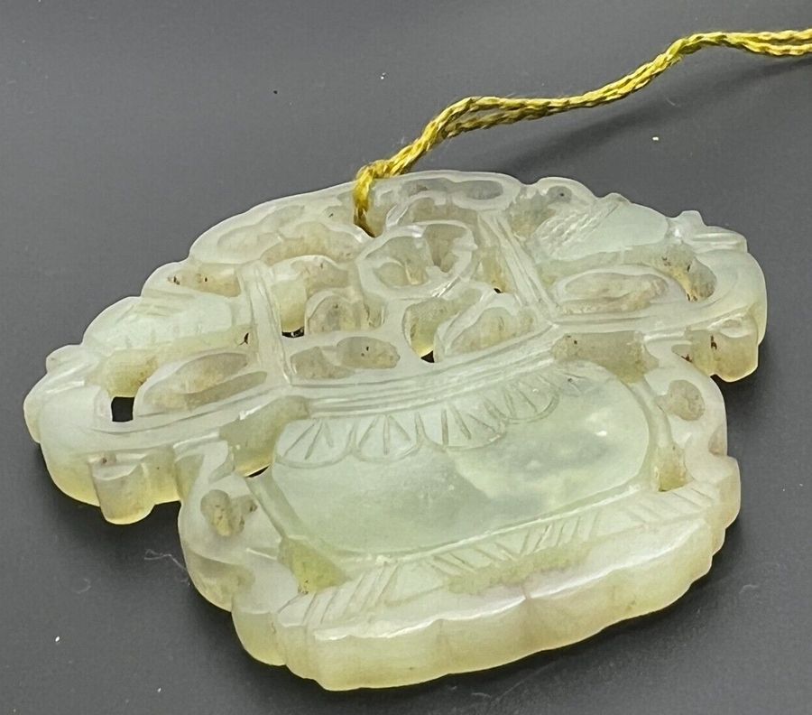 Antique Large Antique Chinese Celadon Jade Hand Carved Art Deco Pendant