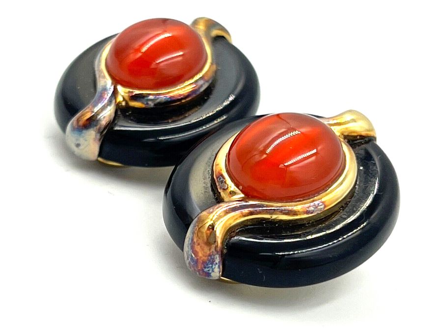 Antique Vintage Kai Yin Lo 925 Vermeil Clip On Earrings Onyx & Cornelian Cabochon Signed