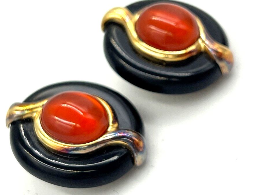 Antique Vintage Kai Yin Lo 925 Vermeil Clip On Earrings Onyx & Cornelian Cabochon Signed