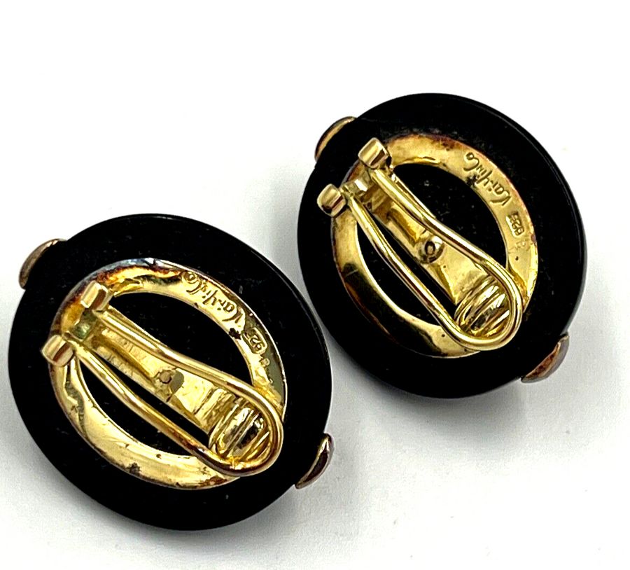 Antique Vintage Kai Yin Lo 925 Vermeil Clip On Earrings Onyx & Cornelian Cabochon Signed