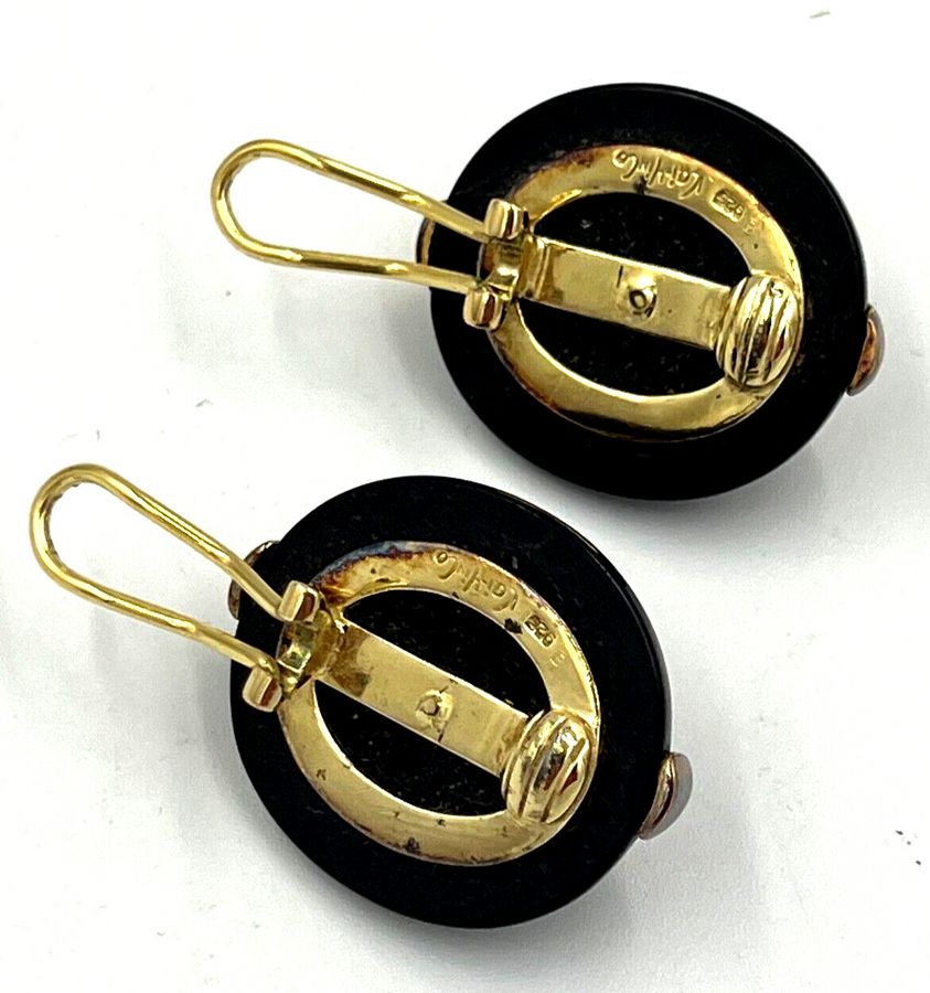 Antique Vintage Kai Yin Lo 925 Vermeil Clip On Earrings Onyx & Cornelian Cabochon Signed