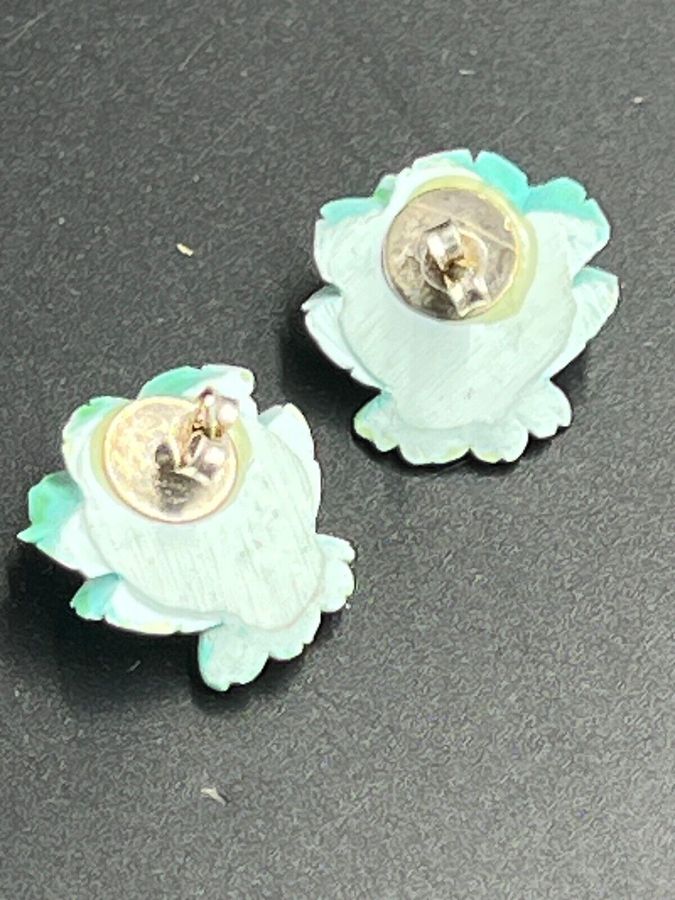 Antique Antique Handpainted Bakelite Earrings Pierced Ears Floral Pansies