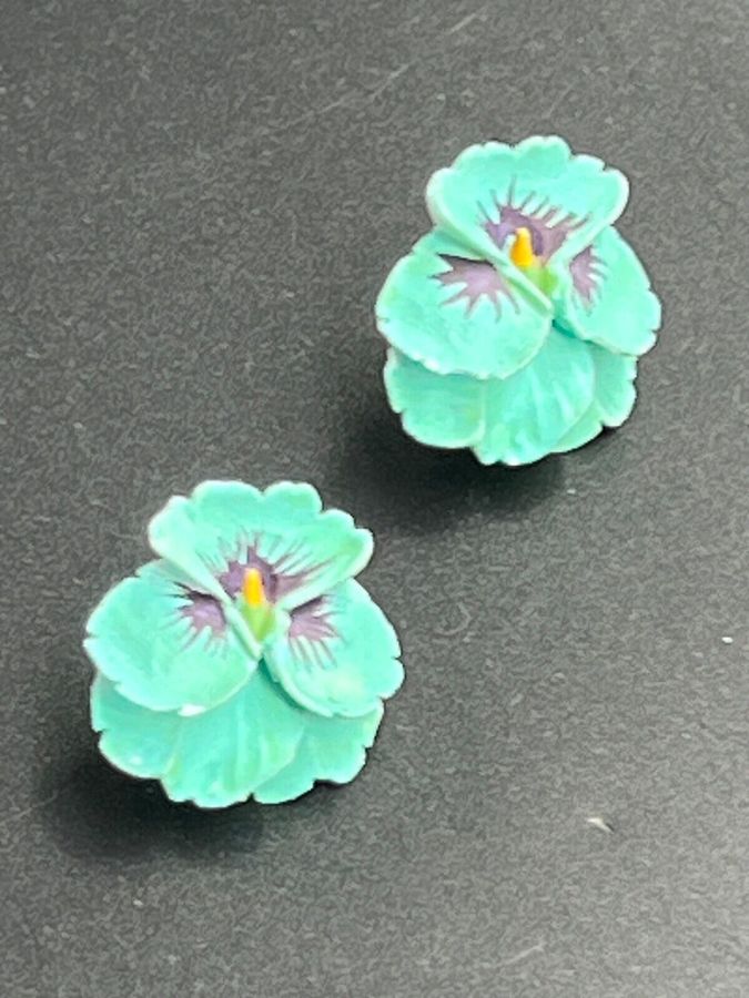 Antique Antique Handpainted Bakelite Earrings Pierced Ears Floral Pansies