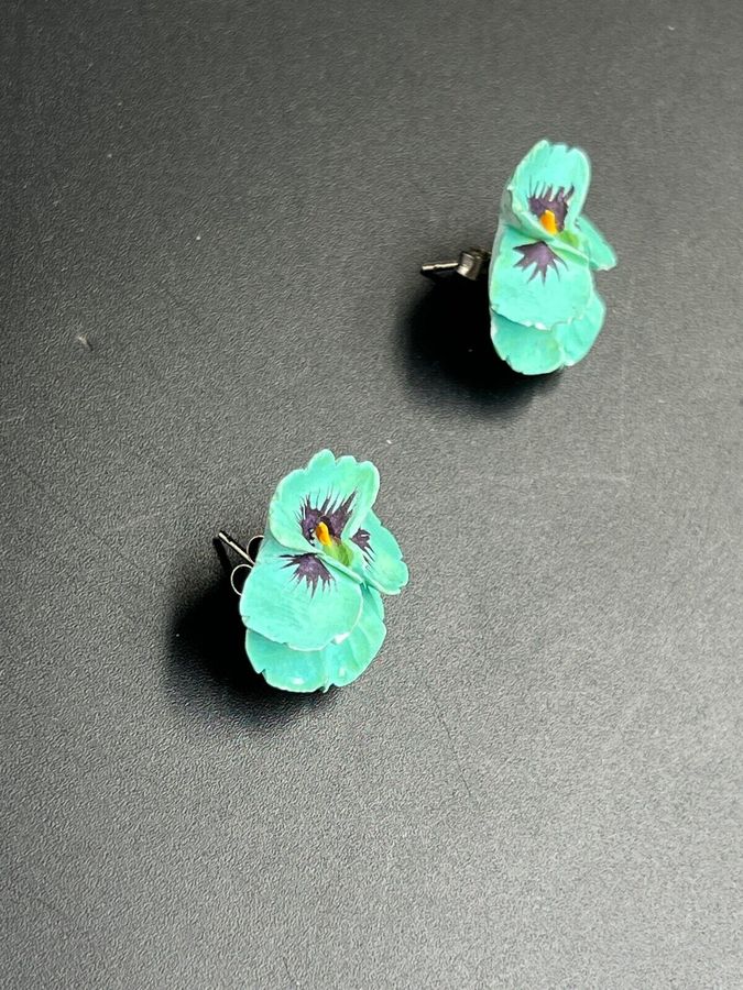 Antique Antique Handpainted Bakelite Earrings Pierced Ears Floral Pansies