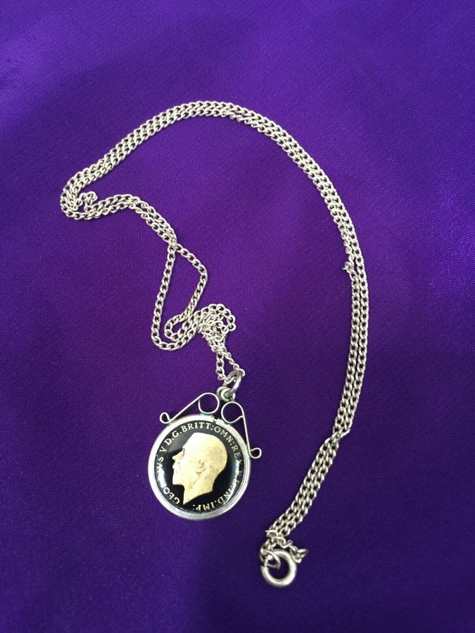 Antique Silver three pence Enamald necklace and chain silver pendant