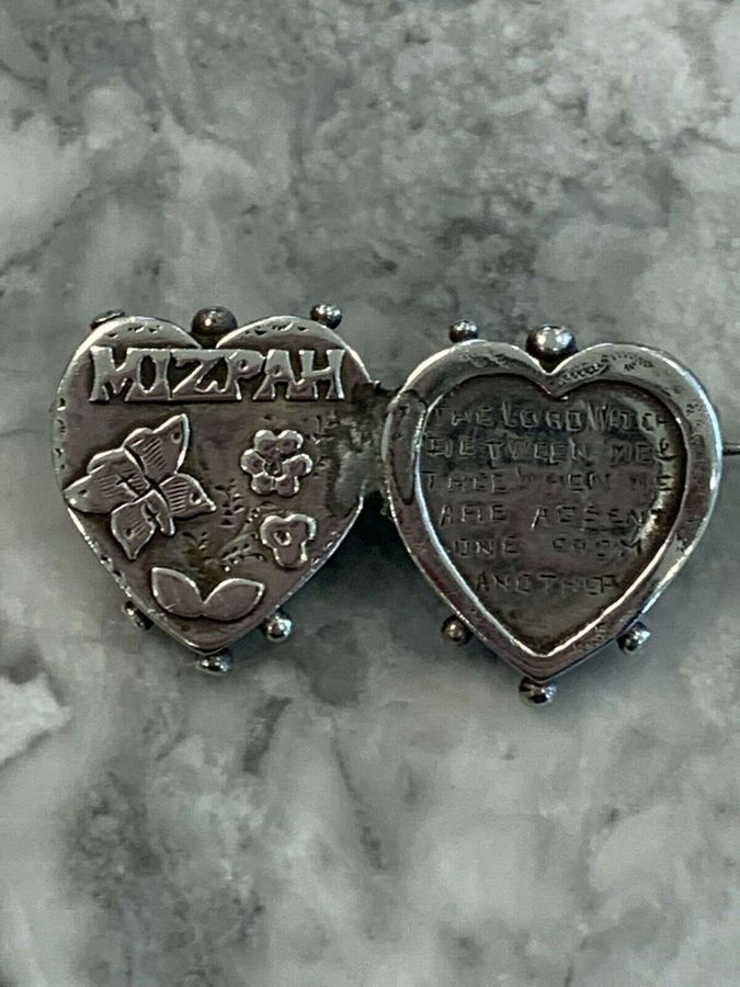 Antique Antique Mizpah Solid Silver Brooch Pin Hallmarked Hearts