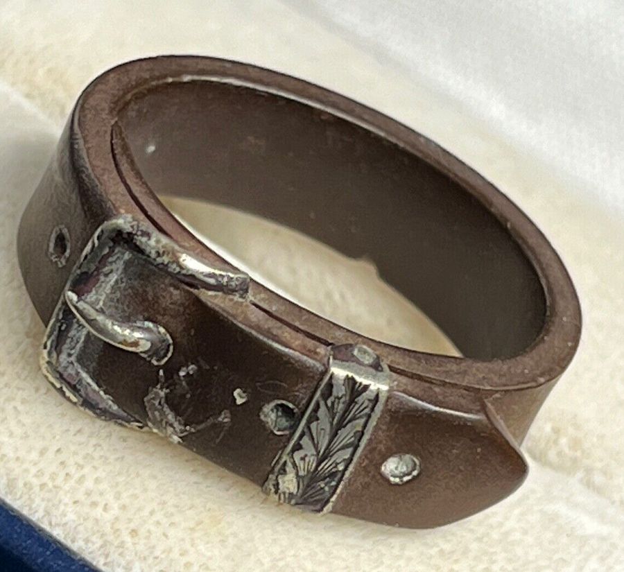 Antique Antique Leather and Silver Ring Silver Buckle Size O Adjustable Circa 1910