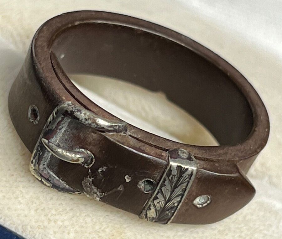 Antique Antique Leather and Silver Ring Silver Buckle Size O Adjustable Circa 1910