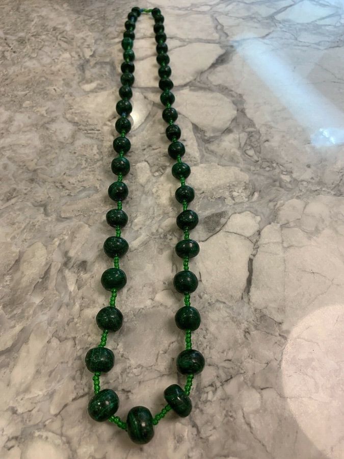 Antique Vintage Art Deco Malachite Long Flapper Necklace 1920s