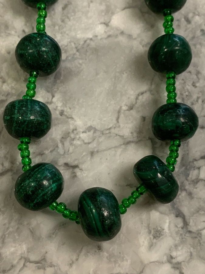 Antique Vintage Art Deco Malachite Long Flapper Necklace 1920s