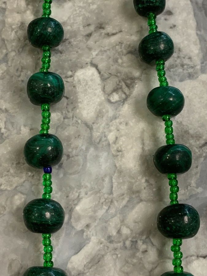 Antique Vintage Art Deco Malachite Long Flapper Necklace 1920s