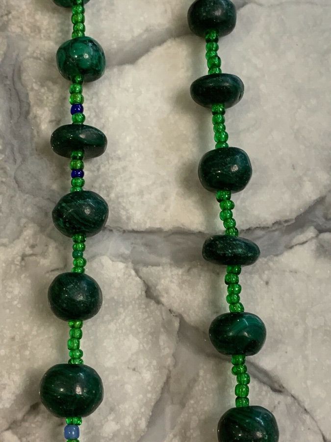 Antique Vintage Art Deco Malachite Long Flapper Necklace 1920s