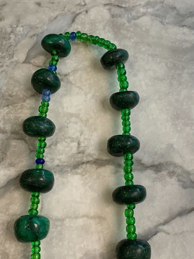 Antique Vintage Art Deco Malachite Long Flapper Necklace 1920s