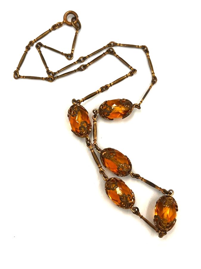 Antique Antique Art Deco Czech Citrine Facet Cut Bead Rivière Necklace HandMade Bohemian