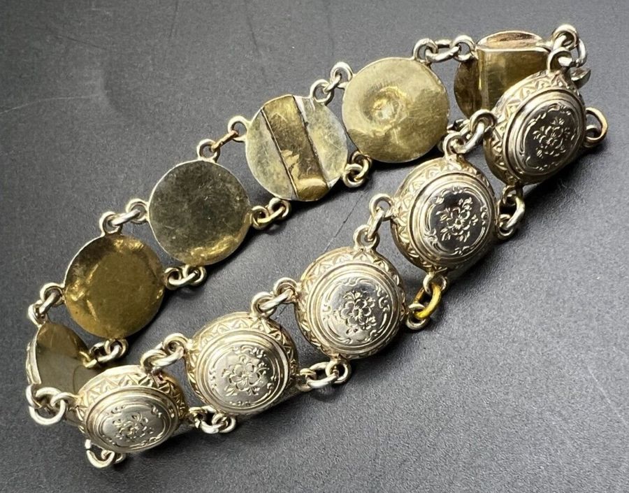 Antique Antique Victorian Silver Link Panel Bracelet Floral Engraving