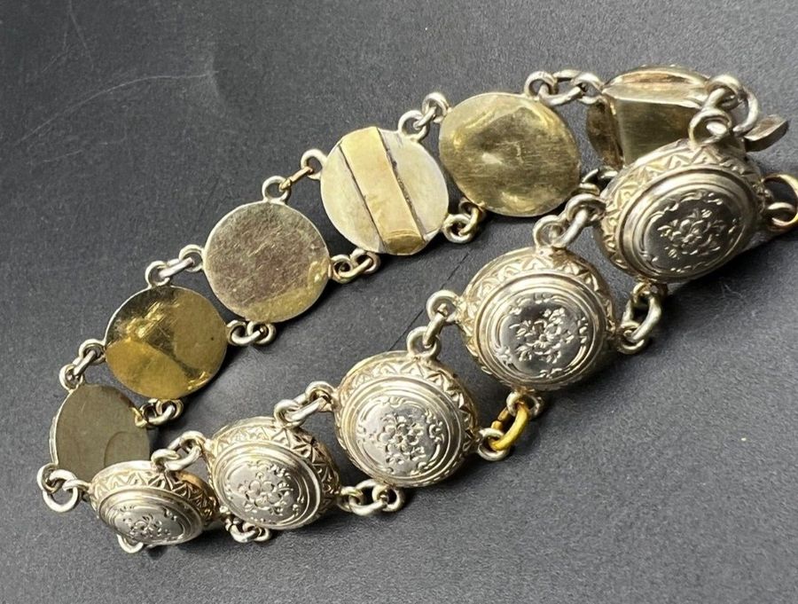 Antique Antique Victorian Silver Link Panel Bracelet Floral Engraving