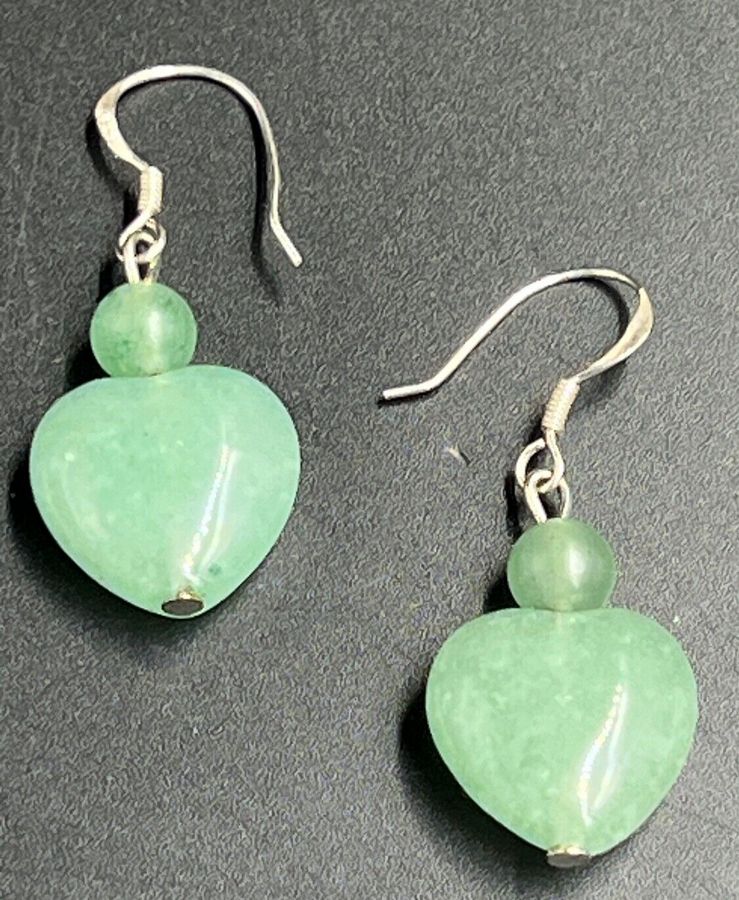 Antique Silver and Celadon Jade Earrings Pierced Ears Hallmarked Heart shaped Dangle