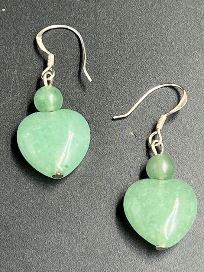 Antique Silver and Celadon Jade Earrings Pierced Ears Hallmarked Heart shaped Dangle