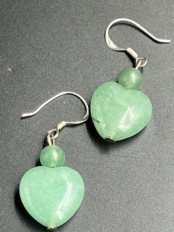 Antique Silver and Celadon Jade Earrings Pierced Ears Hallmarked Heart shaped Dangle