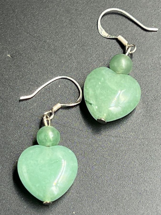 Antique Silver and Celadon Jade Earrings Pierced Ears Hallmarked Heart shaped Dangle