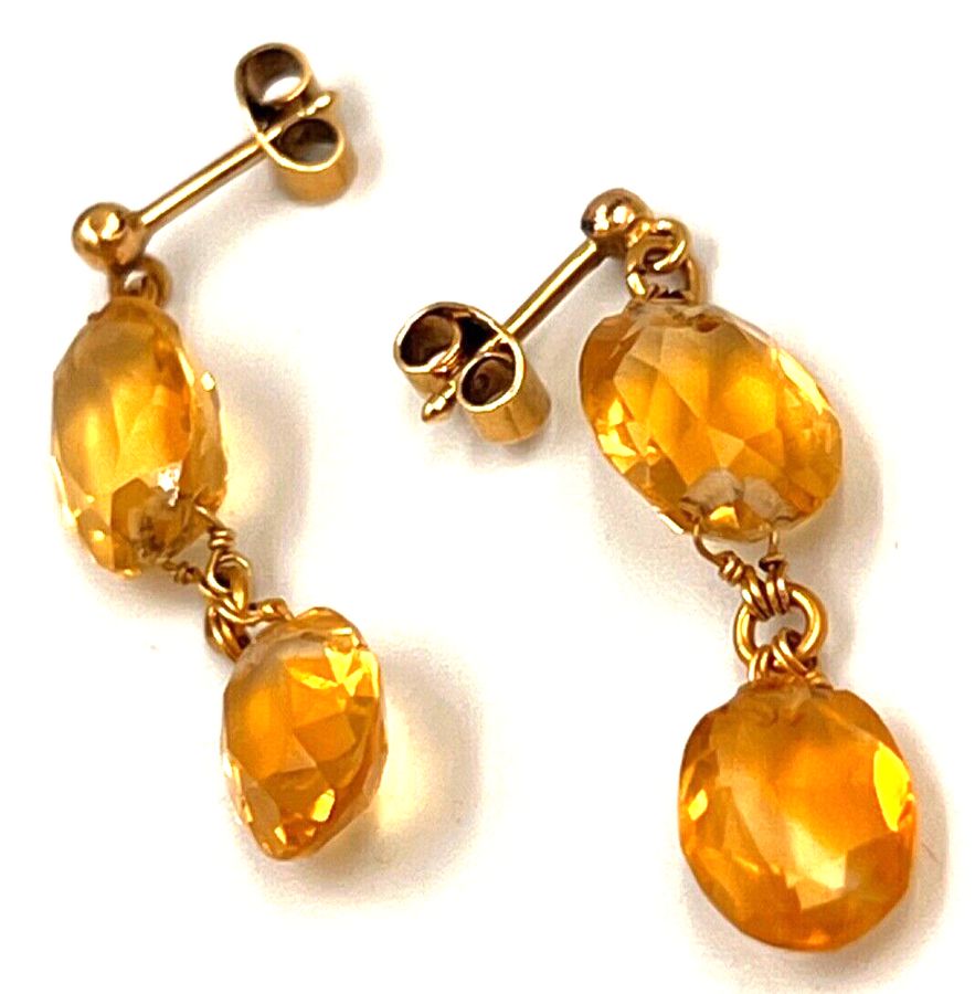 Antique Antique Victorian Drop Earrings 14 CT Gold Facet Cut Natural Large Citrines