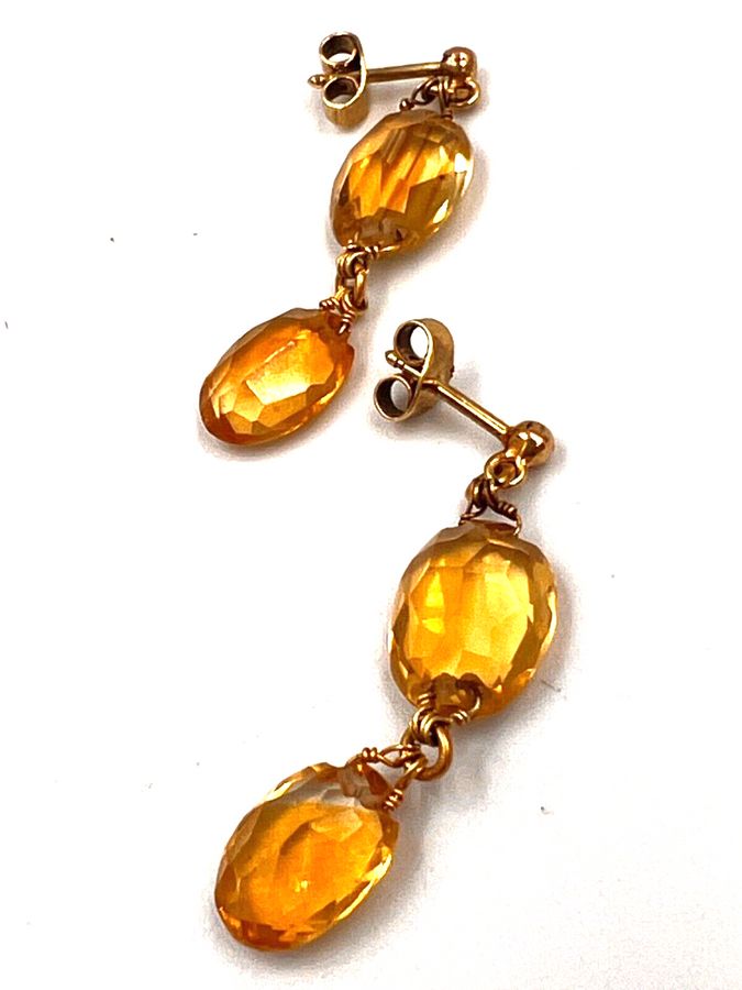 Antique Antique Victorian Drop Earrings 14 CT Gold Facet Cut Natural Large Citrines