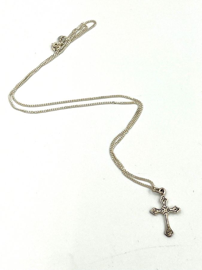 Antique Vintage Sterling Silver Crucifix Cross Pendant on Sterling Silver Chain