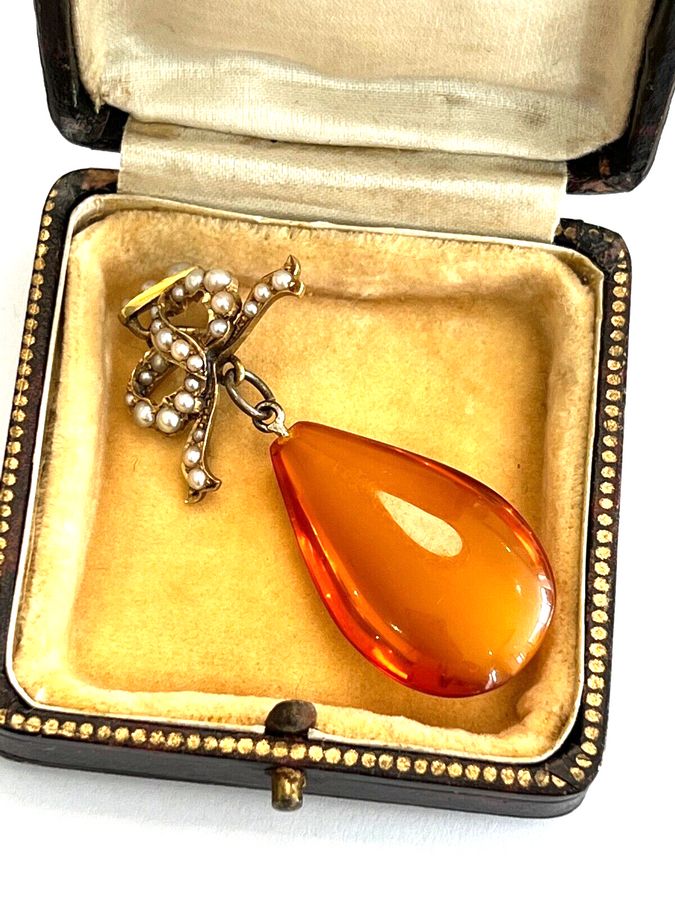 Antique Antique Victorian 14CT Bow Pendant  Teardrop shaped Natural Amber & Seed Pearls