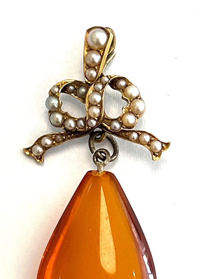 Antique Antique Victorian 14CT Bow Pendant  Teardrop shaped Natural Amber & Seed Pearls