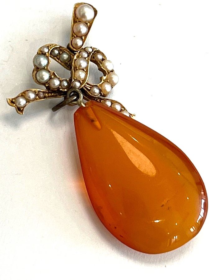 Antique Antique Victorian 14CT Bow Pendant  Teardrop shaped Natural Amber & Seed Pearls