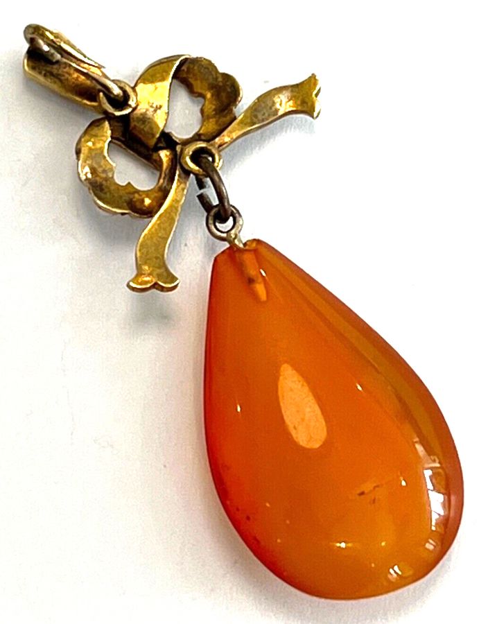 Antique Antique Victorian 14CT Bow Pendant  Teardrop shaped Natural Amber & Seed Pearls