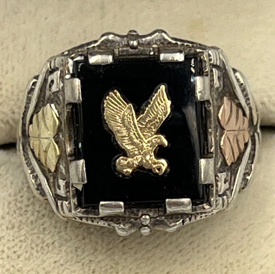 Antique Vintage Mens Hallmarked EAGLE Silver Ring Onyx Yellow & Rose Gold Inserts Size W