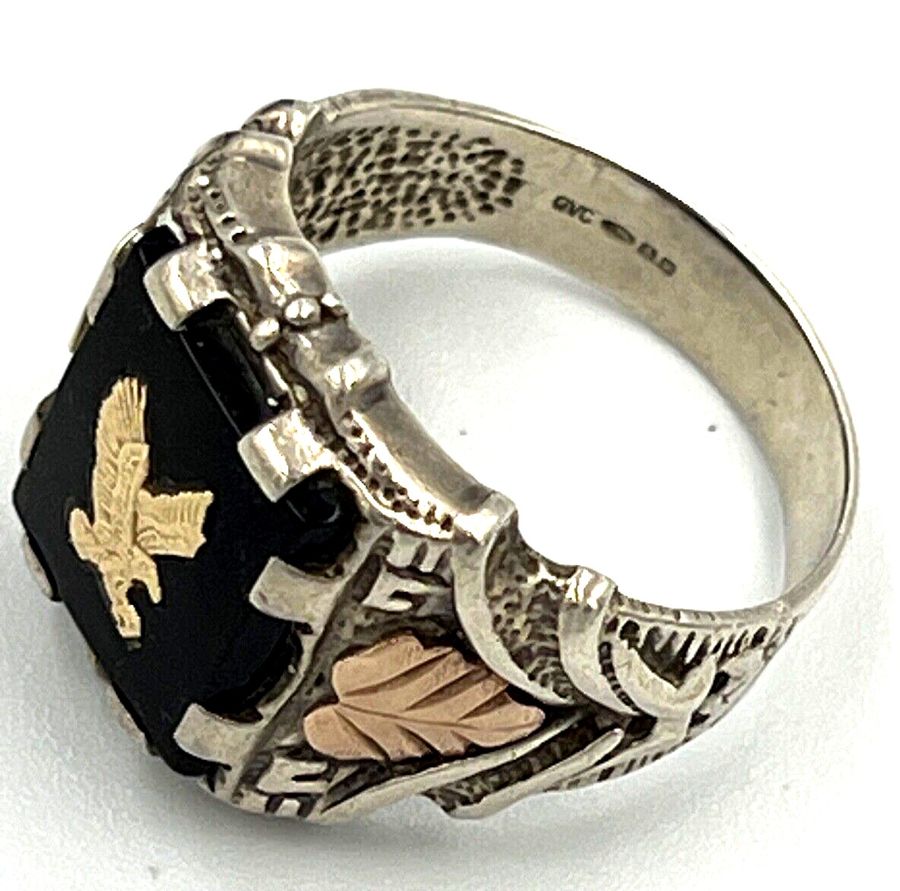 Antique Vintage Mens Hallmarked EAGLE Silver Ring Onyx Yellow & Rose Gold Inserts Size W