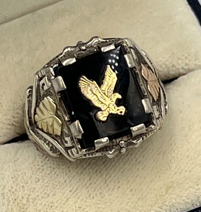 Antique Vintage Mens Hallmarked EAGLE Silver Ring Onyx Yellow & Rose Gold Inserts Size W