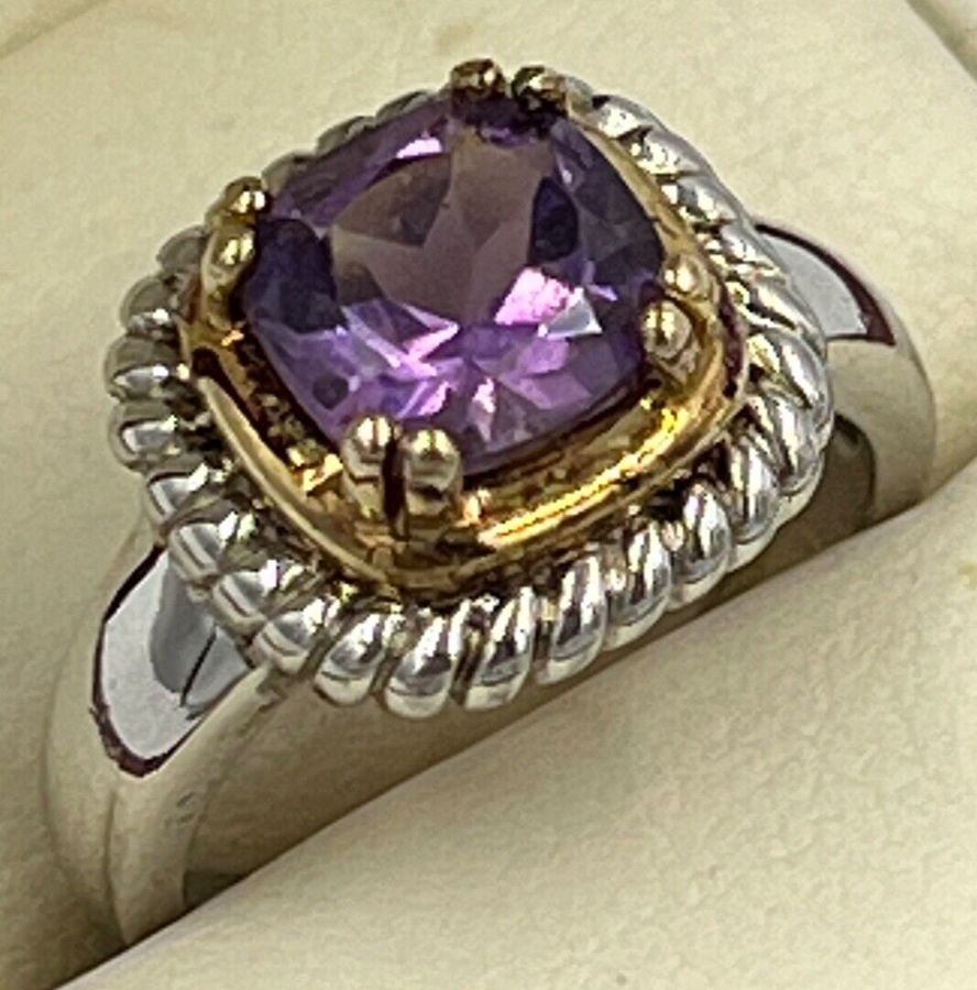 Antique Vintage Sterling Silver Amethyst Ring Size O Large Solitaire Amethyst Gold Plate