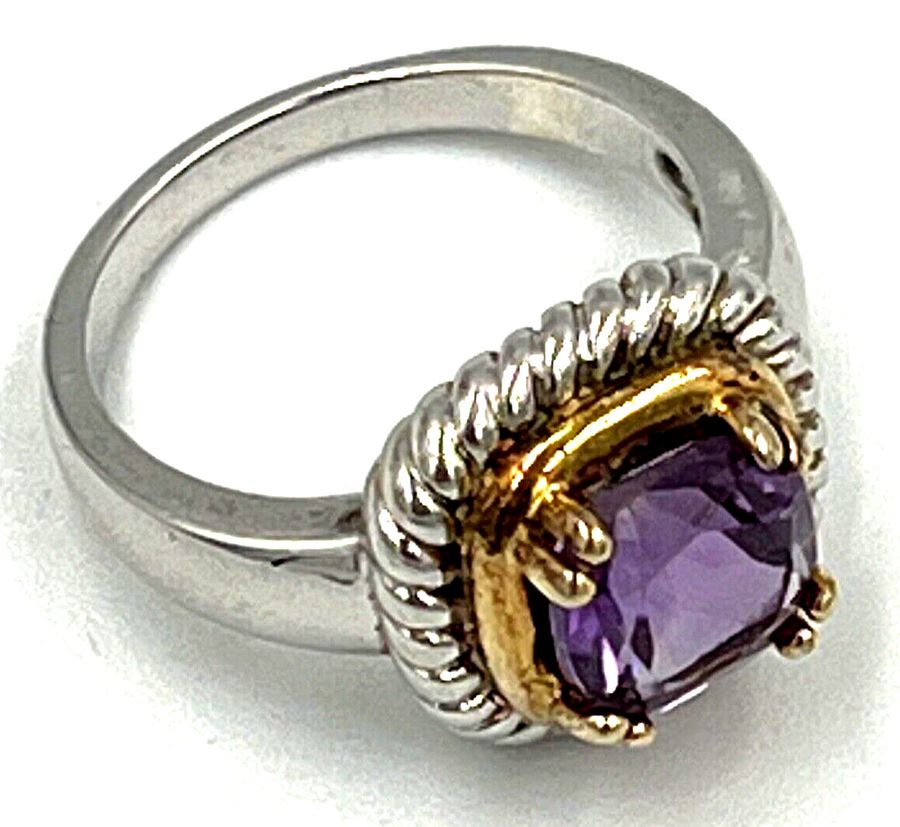 Antique Vintage Sterling Silver Amethyst Ring Size O Large Solitaire Amethyst Gold Plate