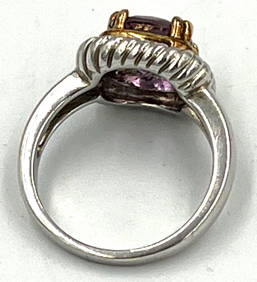 Antique Vintage Sterling Silver Amethyst Ring Size O Large Solitaire Amethyst Gold Plate