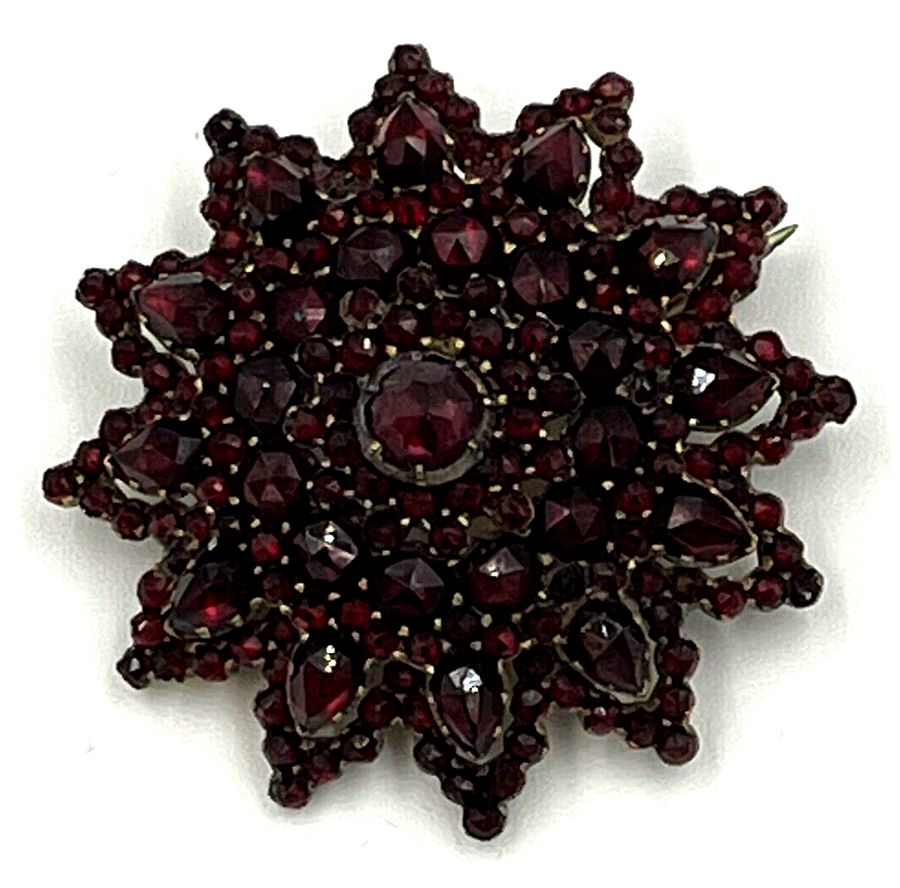 Antique Antique Victorian  Garnet Brooch Bohemian 4 Tier  Rose Cut Garnets Silver Gilt