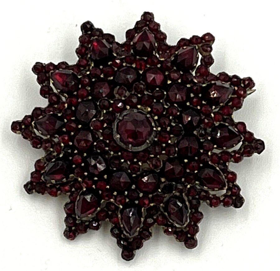 Antique Antique Victorian  Garnet Brooch Bohemian 4 Tier  Rose Cut Garnets Silver Gilt