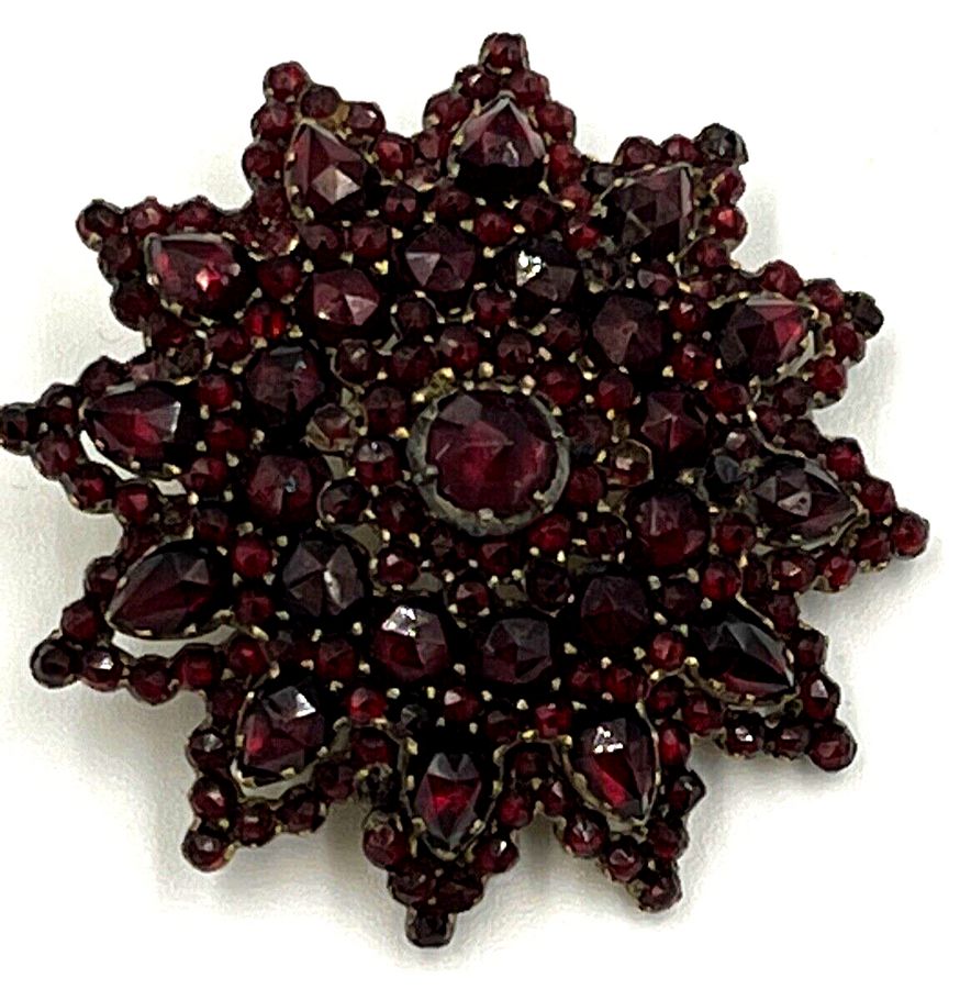 Antique Antique Victorian  Garnet Brooch Bohemian 4 Tier  Rose Cut Garnets Silver Gilt