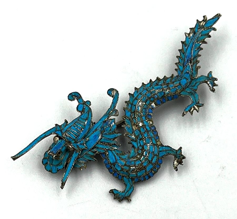 Antique Rare Antique Chinese 19th C Silver Tian Tsui Kingfisher Wing Dragon Brooch